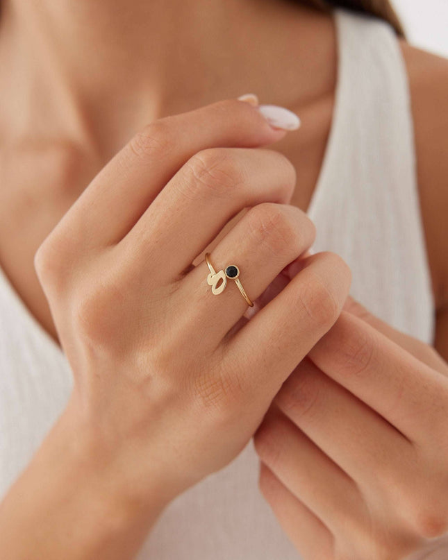 Initial and Gemstone Ring – 18K Gold-Plated Sterling Silver Personalized Ring - Dabas Minimalist