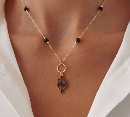 Dainty Cactus Necklace – 18K Gold-Plated Sterling Silver with Black Bead Accents - Dabas Minimalist