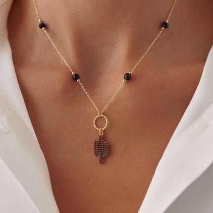 Dainty Cactus Necklace – 18K Gold-Plated Sterling Silver with Black Bead Accents - Dabas Minimalist
