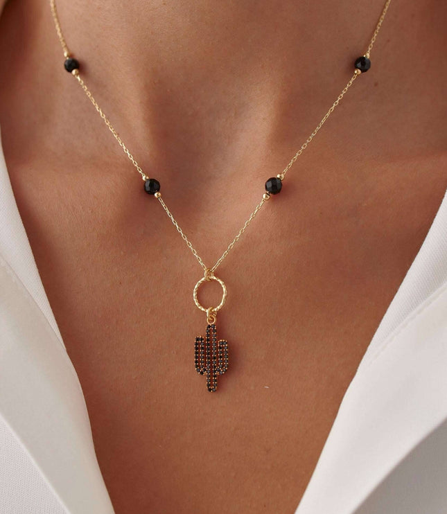 Dainty Cactus Necklace – 18K Gold-Plated Sterling Silver with Black Bead Accents - Dabas Minimalist
