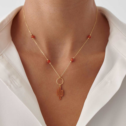 Dainty Cactus Necklace – 18K Gold-Plated Sterling Silver with Black Bead Accents - Dabas Minimalist