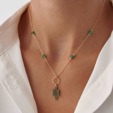 Dainty Cactus Necklace – 18K Gold-Plated Sterling Silver with Black Bead Accents - Dabas Minimalist