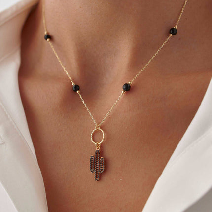Dainty Cactus Necklace – 18K Gold-Plated Sterling Silver with Black Bead Accents - Dabas Minimalist