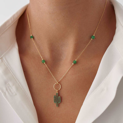 Dainty Cactus Necklace – 18K Gold-Plated Sterling Silver with Black Bead Accents - Dabas Minimalist