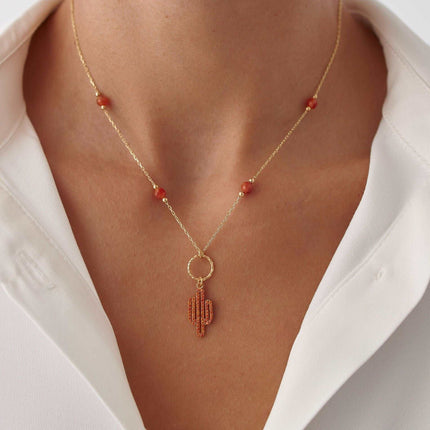 Dainty Cactus Necklace – 18K Gold-Plated Sterling Silver with Black Bead Accents - Dabas Minimalist