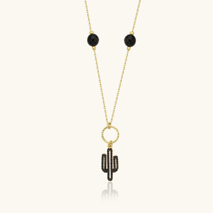 Dainty Cactus Necklace – 18K Gold-Plated Sterling Silver with Black Bead Accents - Dabas Minimalist
