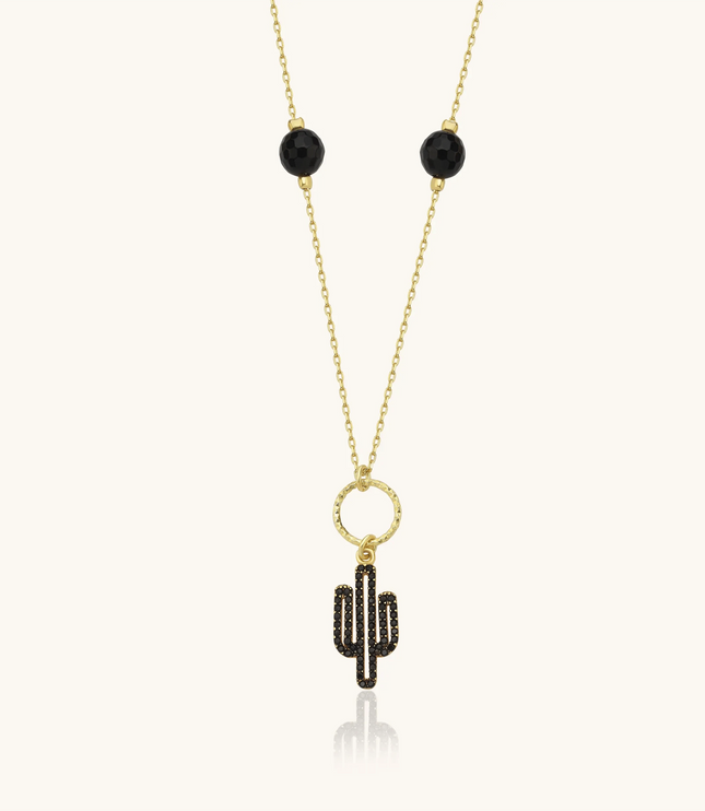 Dainty Cactus Necklace – 18K Gold-Plated Sterling Silver with Black Bead Accents - Dabas Minimalist