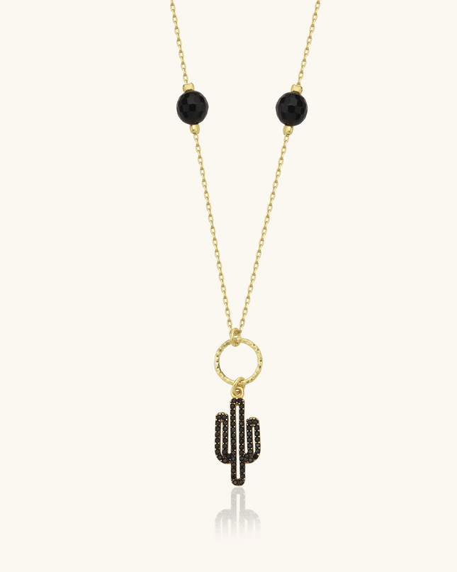 Dainty Cactus Necklace – 18K Gold-Plated Sterling Silver with Black Bead Accents - Dabas Minimalist