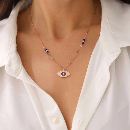 Evil Eye Enamel Lapis Necklace, 18K Gold-Plated Sterling Silver - Dabas Minimalist