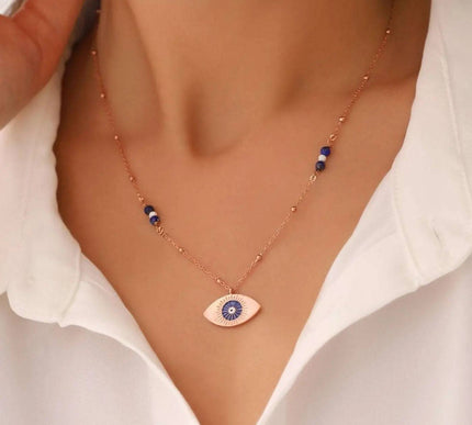 Evil Eye Enamel Lapis Necklace, 18K Gold-Plated Sterling Silver - Dabas Minimalist