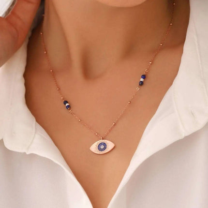 Evil Eye Enamel Lapis Necklace, 18K Gold-Plated Sterling Silver - Dabas Minimalist