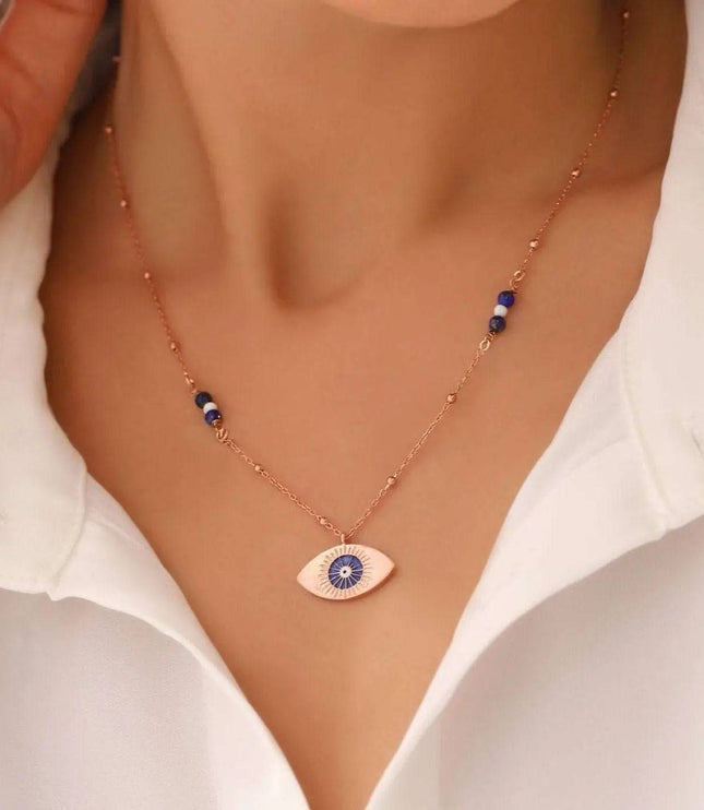 Evil Eye Enamel Lapis Necklace, 18K Gold-Plated Sterling Silver - Dabas Minimalist