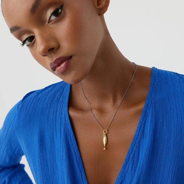 18K Gold Fish Necklace with Turquoise Charm, Ocean-Inspired Minimalist Jewelry - Dabas Minimalist