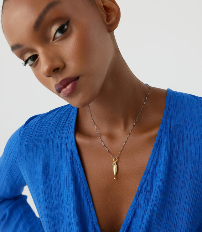 18K Gold Fish Necklace with Turquoise Charm, Ocean-Inspired Minimalist Jewelry - Dabas Minimalist