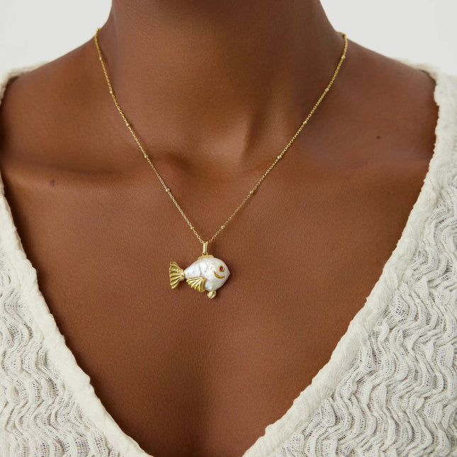 Baroque Pearl Fish Necklace, 18K Gold-Plated Sterling Silver - Dabas Minimalist