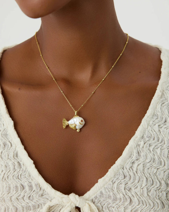 Baroque Pearl Fish Necklace, 18K Gold-Plated Sterling Silver - Dabas Minimalist