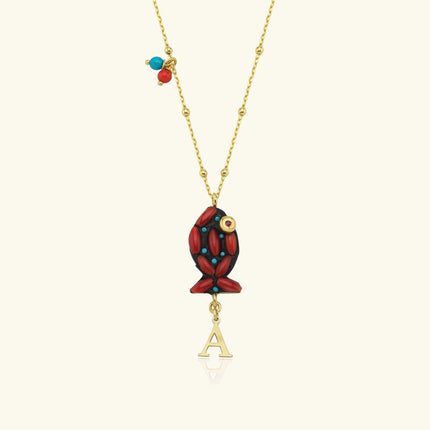 Coral Stone Fish Figure Letter Necklace • 18K Gold-Plated Sterling Silver - Dabas Minimalist