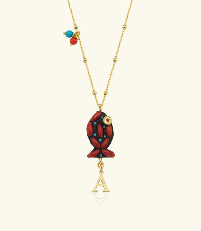 Coral Stone Fish Figure Letter Necklace • 18K Gold-Plated Sterling Silver - Dabas Minimalist