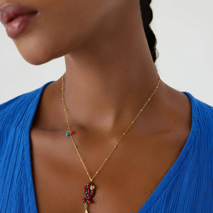 Coral Stone Fish Figure Letter Necklace • 18K Gold-Plated Sterling Silver - Dabas Minimalist