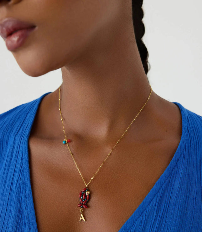 Coral Stone Fish Figure Letter Necklace • 18K Gold-Plated Sterling Silver - Dabas Minimalist