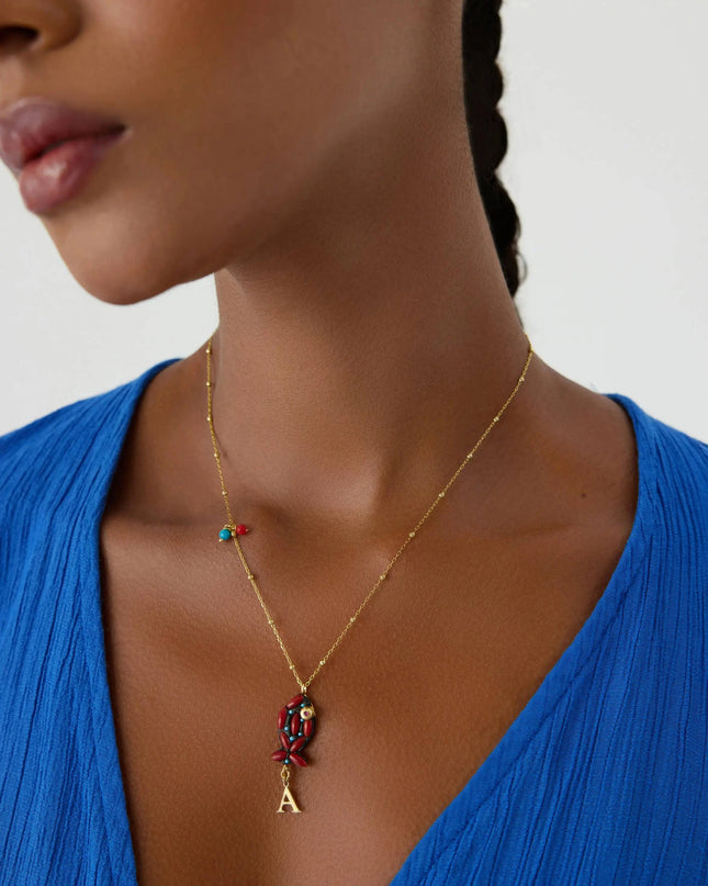 Coral Stone Fish Figure Letter Necklace • 18K Gold-Plated Sterling Silver - Dabas Minimalist
