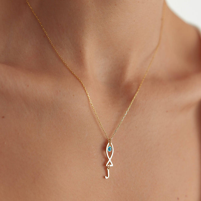 Fish and Initial Charm Necklace - 18K Gold-Plated Sterling Silver - Dabas Minimalist