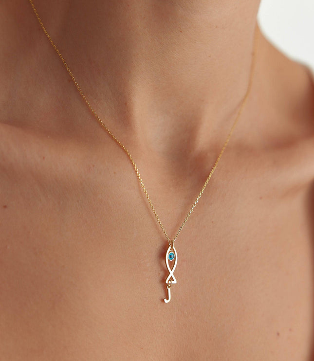 Fish and Initial Charm Necklace - 18K Gold-Plated Sterling Silver - Dabas Minimalist