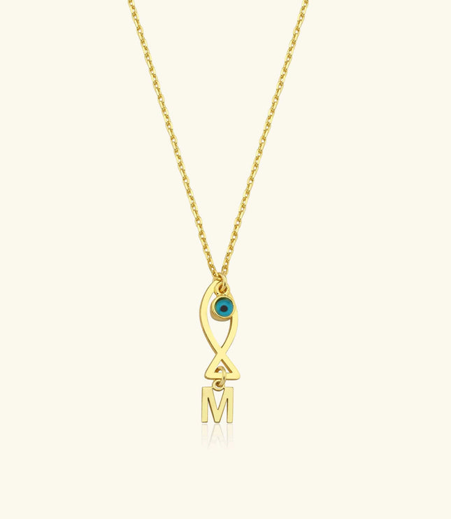 Fish and Initial Charm Necklace - 18K Gold-Plated Sterling Silver - Dabas Minimalist