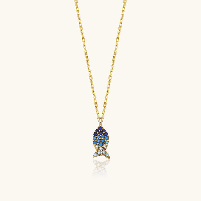 Fish Necklace with Colorful CZ Stones, 18K Gold-Plated Sterling Silver - Dabas Minimalist