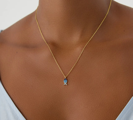Fish Necklace with Colorful CZ Stones, 18K Gold-Plated Sterling Silver - Dabas Minimalist