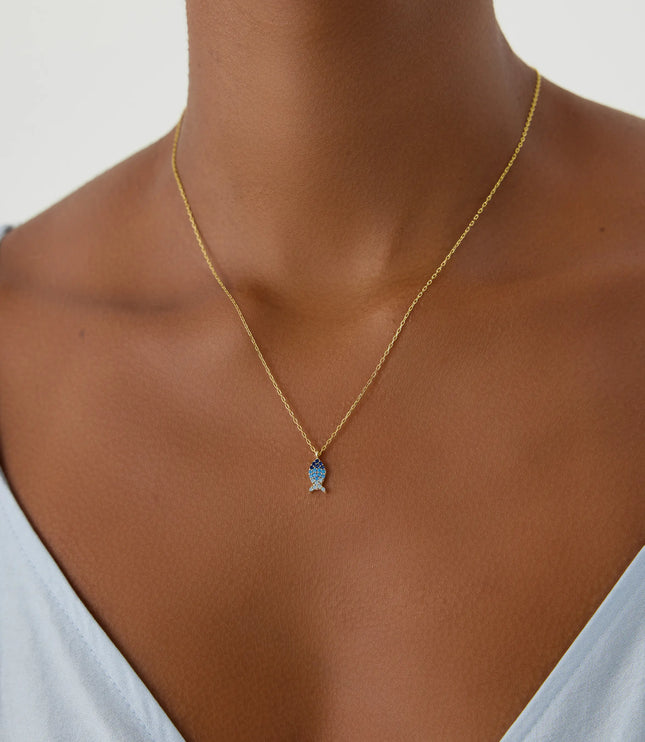 Fish Necklace with Colorful CZ Stones, 18K Gold-Plated Sterling Silver - Dabas Minimalist