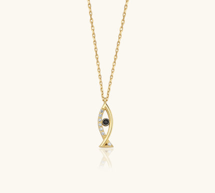 Fish Shaped Necklace with Black CZ Stones, 18K Gold-Plated Sterling Silver - Dabas Minimalist