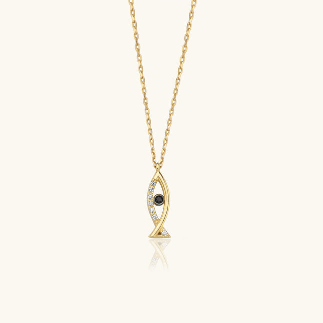 Fish Shaped Necklace with Black CZ Stones, 18K Gold-Plated Sterling Silver - Dabas Minimalist