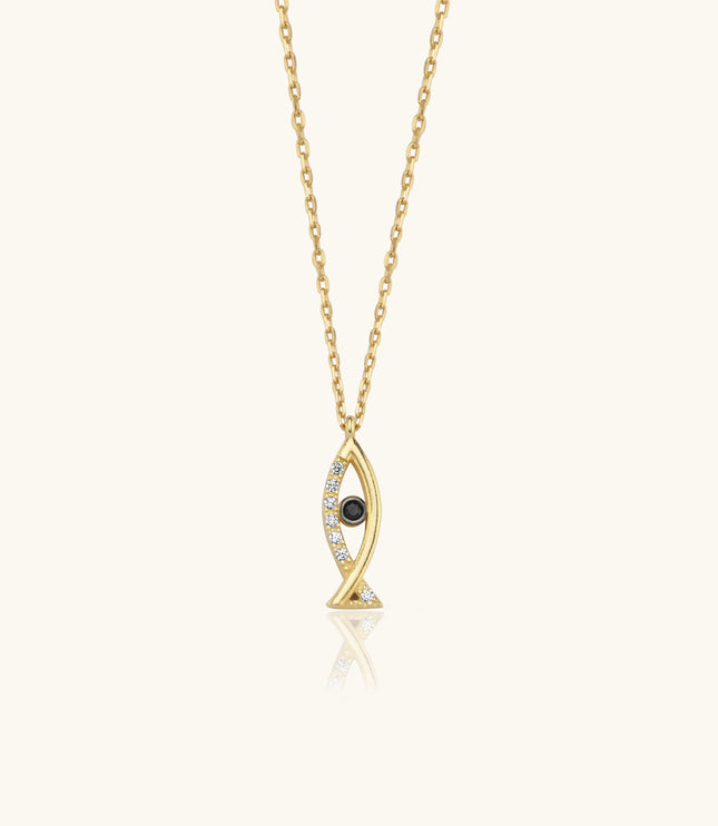 Fish Shaped Necklace with Black CZ Stones, 18K Gold-Plated Sterling Silver - Dabas Minimalist