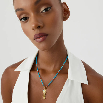 Gold Fish Charm Necklace with Turquoise Beaded Chain - 18K Gold-Plated Sterling Silver - Symbol of Luck and Protection - Dabas Minimalist