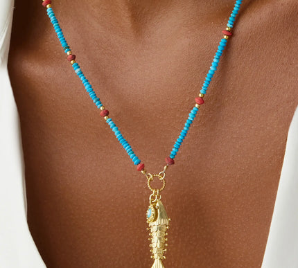 Gold Fish Charm Necklace with Turquoise Beaded Chain - 18K Gold-Plated Sterling Silver - Symbol of Luck and Protection - Dabas Minimalist