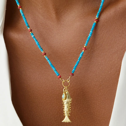 Gold Fish Charm Necklace with Turquoise Beaded Chain - 18K Gold-Plated Sterling Silver - Symbol of Luck and Protection - Dabas Minimalist