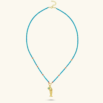 Gold Fish Charm Necklace with Turquoise Beaded Chain - 18K Gold-Plated Sterling Silver - Symbol of Luck and Protection - Dabas Minimalist