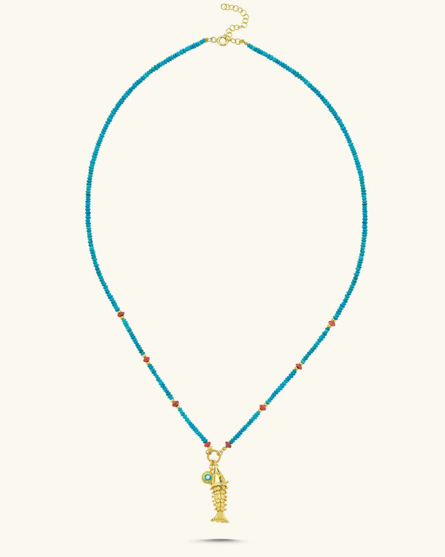Gold Fish Charm Necklace with Turquoise Beaded Chain - 18K Gold-Plated Sterling Silver - Symbol of Luck and Protection - Dabas Minimalist