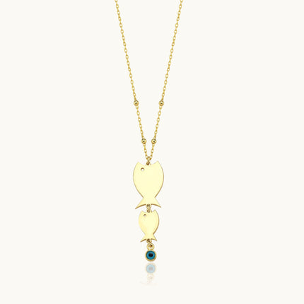 Mother Fish and Baby Necklace with Evil Eye - 18K Gold-Plated Sterling Silver - Dabas Minimalist