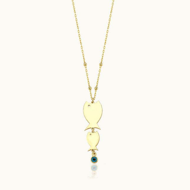 Mother Fish and Baby Necklace with Evil Eye - 18K Gold-Plated Sterling Silver - Dabas Minimalist