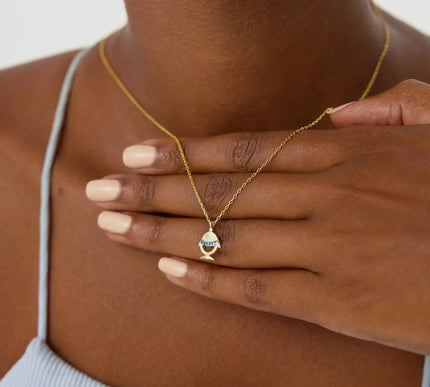 Tiny Fish Necklace with Colorful CZ Stone, 18K Gold-Plated Sterling Silver - Dabas Minimalist