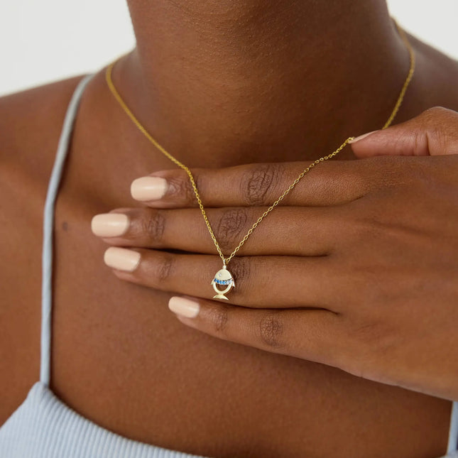 Tiny Fish Necklace with Colorful CZ Stone, 18K Gold-Plated Sterling Silver - Dabas Minimalist