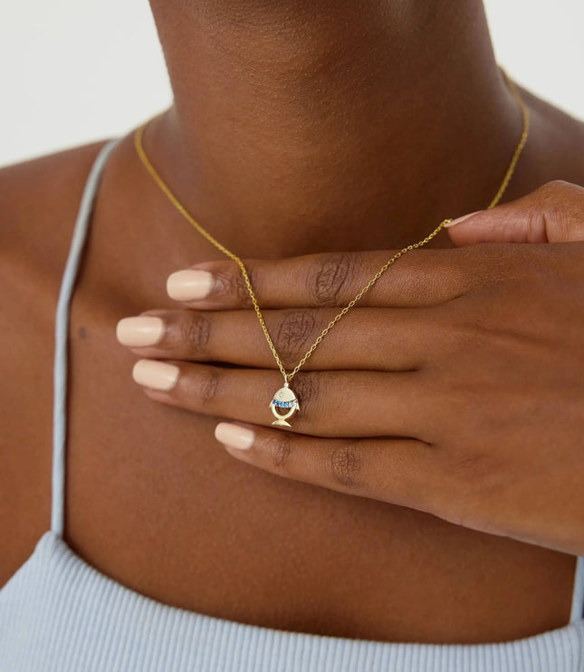 Tiny Fish Necklace with Colorful CZ Stone, 18K Gold-Plated Sterling Silver - Dabas Minimalist