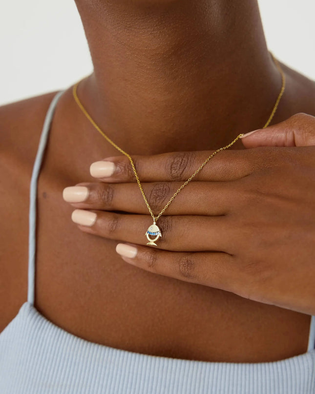Tiny Fish Necklace with Colorful CZ Stone, 18K Gold-Plated Sterling Silver - Dabas Minimalist
