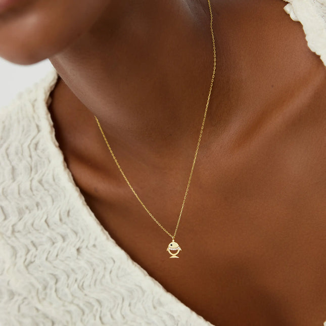 Tiny Fish Necklace with CZ Stone, 18K Gold-Plated Sterling Silver - Dabas Minimalist