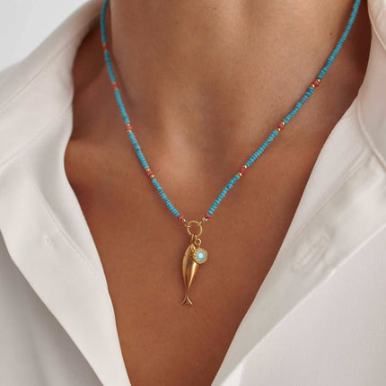 Turquoise Beaded Fish Charm Necklace – 18K Gold-Plated Sterling Silver - Dabas Minimalist