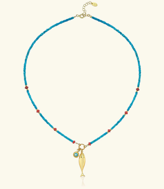 Turquoise Beaded Fish Charm Necklace – 18K Gold-Plated Sterling Silver - Dabas Minimalist