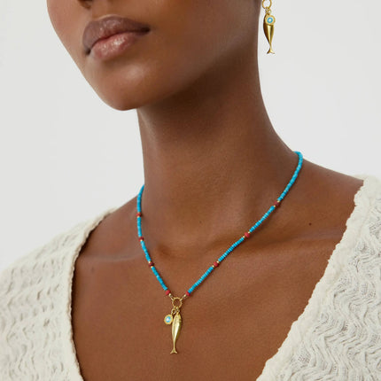 Turquoise Beaded Fish Charm Necklace – 18K Gold-Plated Sterling Silver - Dabas Minimalist