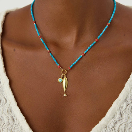 Turquoise Beaded Fish Charm Necklace – 18K Gold-Plated Sterling Silver - Dabas Minimalist